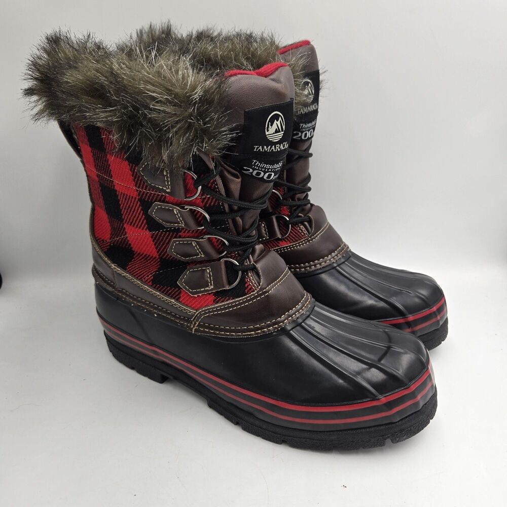 Tamarack Buffalo Plaid Snow Boots Womens 10 Faux Fur Duck Boots Cozy Cabin EUC